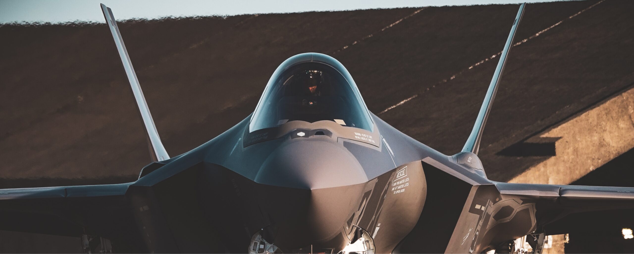 Front view of a stealth fighter jet parked with its cockpit canopy closed and twin vertical stabilizers visible.